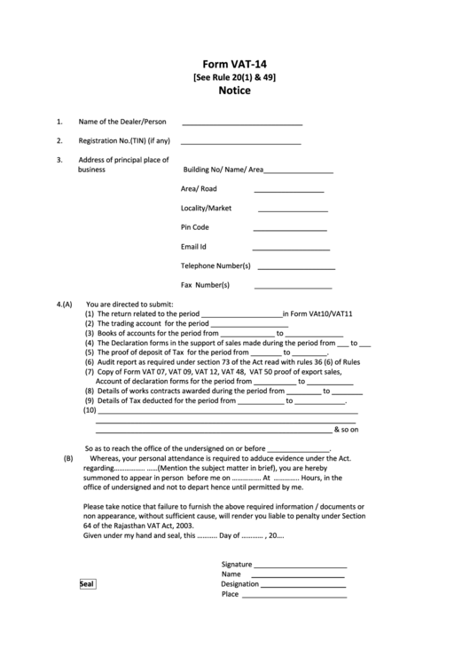 Form Vat-14 - Notice Printable pdf