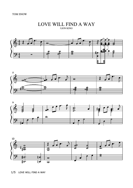 Lion King - Love Will Find A Way Sheet Music
