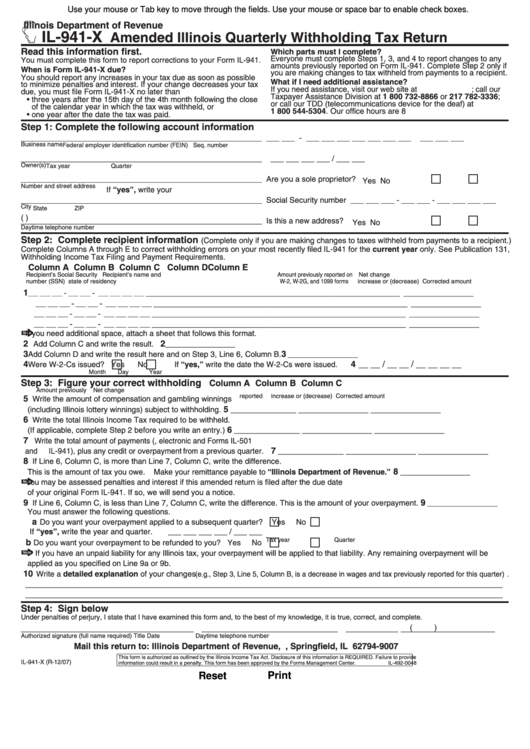 Fillable Form Il-941-X - Amended Illinois Quarterly Withholding Tax Return - 2007 Printable pdf