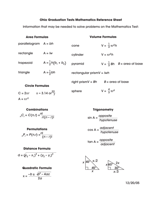 Ohio Graduation Tests Mathematics Reference Sheet Printable pdf