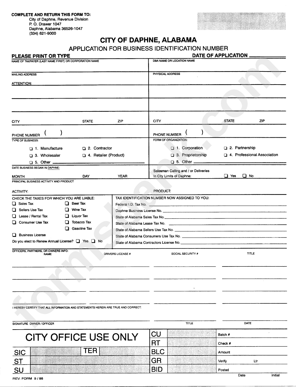 Application For Business Identification Number - City Of Daphne