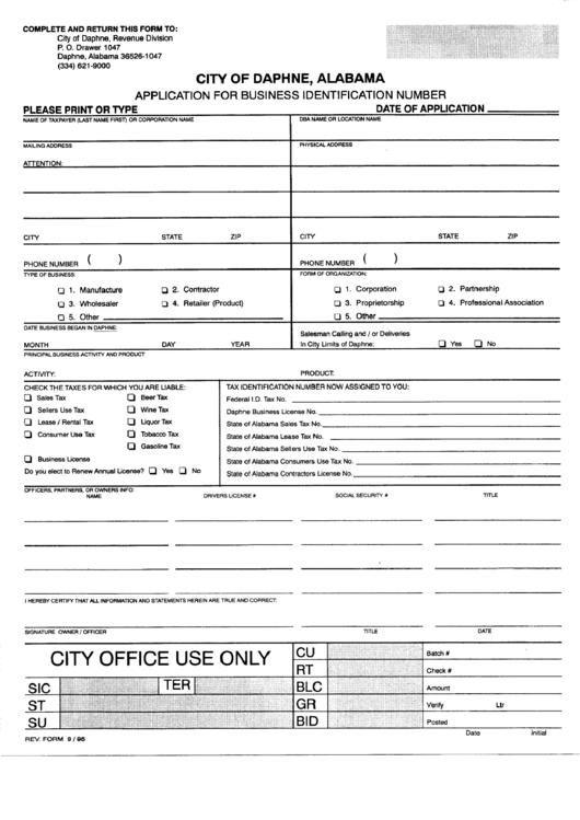 Application For Business Identification Number - City Of Daphne Printable pdf