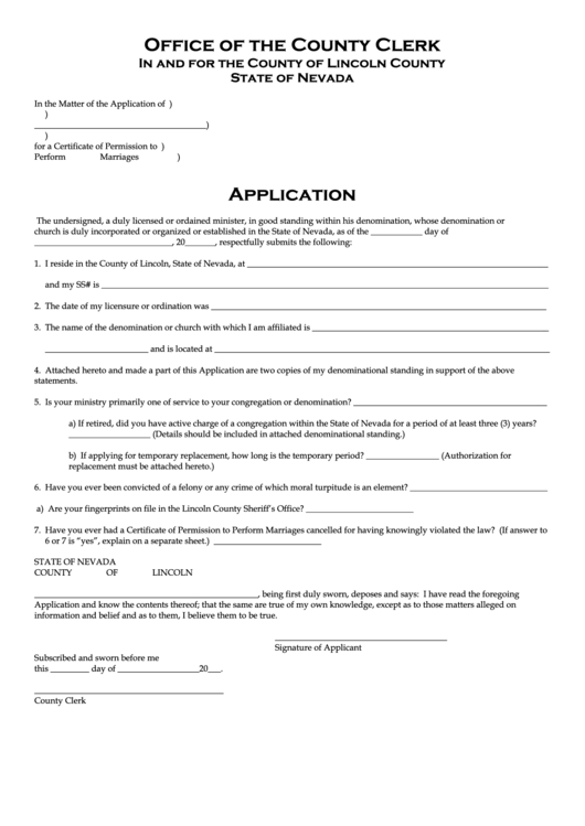 Fillable Application For License To Perform Marriages - Lincoln County Printable pdf