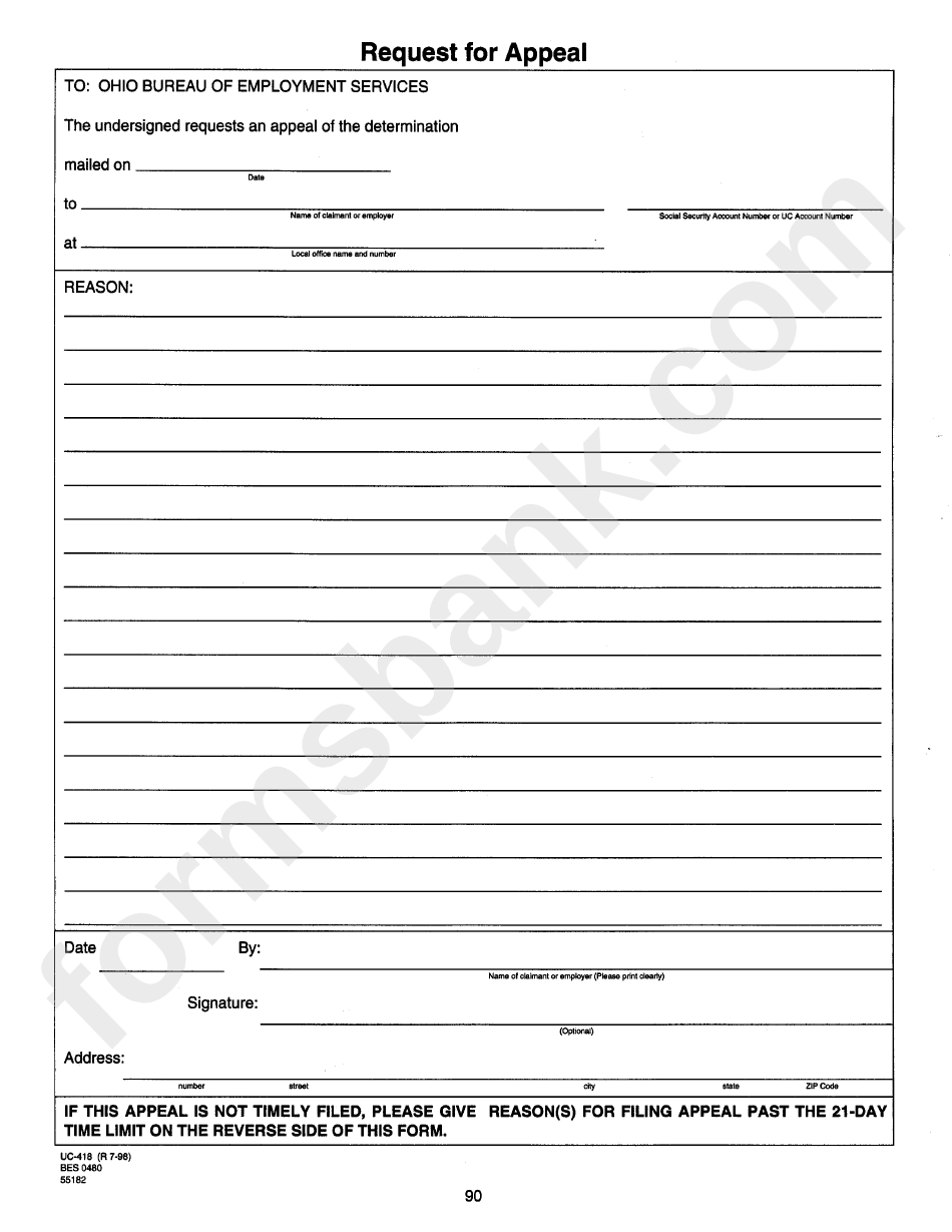Form Uc-418 - Request For Appeal