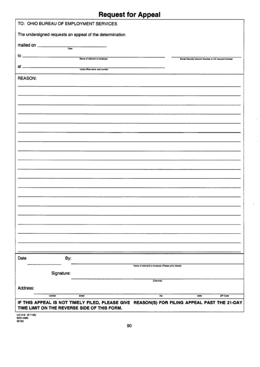Form Uc-418 - Request For Appeal Printable pdf