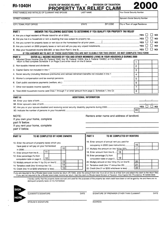 Form Ri-1040h - Property Tax Relief Claim - 2000 Printable pdf