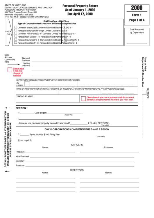 Form 1 - Personal Property Return - 2000 printable pdf download