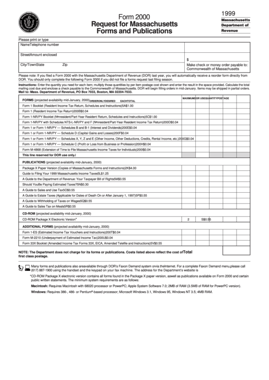 Form 2000 - Request For Massachusetts Forms And Publications - 1999 Printable pdf