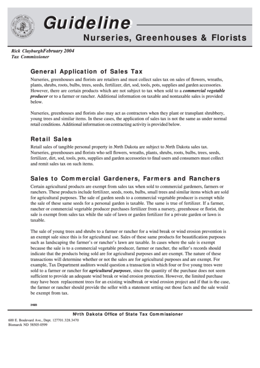 Nurseries, Greenhouses & Florists Sales And Use Tax Guidline - 2004 Printable pdf