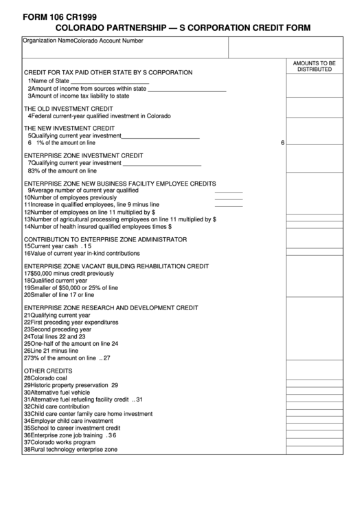 Form 106 Cr - Colorado Partnership - S Corporation Credit Form - 1999 Printable pdf