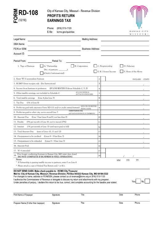 Fillable Form Rd-108 - Profits Return Earnings Tax Printable pdf