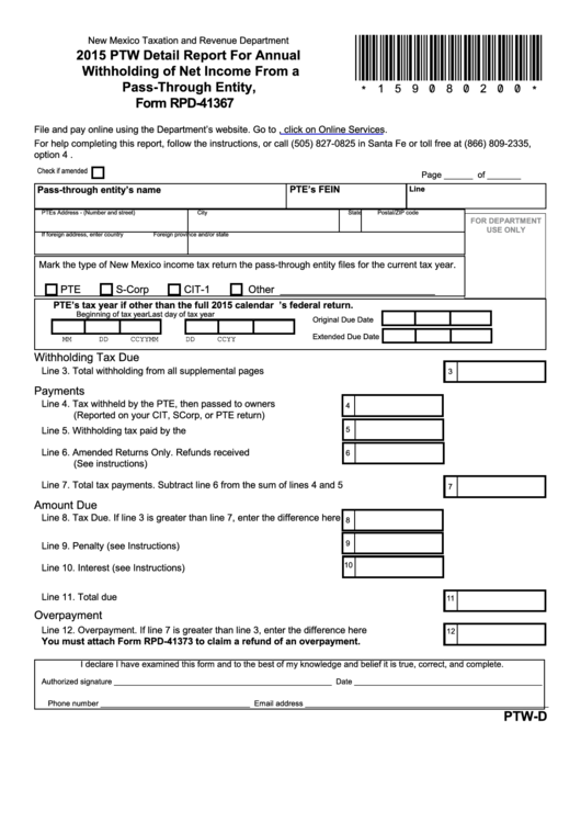 Form Rpd-41367 - Ptw Detail Report For Annual Withholding Of Net Income From A Pass-Through Entity - 2015 Printable pdf