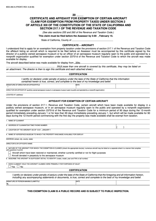 Form Boe-260-A - Certificate And Affidavit For Exemption Of Certain Aircraft Claim For Exemption From Property Taxes Under Section 2 Of Article Xiii Of The Constitution Of The State Of California And Section 217.1 Of The Revenue And Taxation Code Printable pdf
