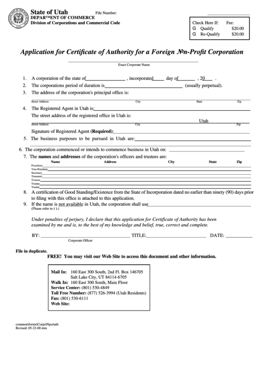 Application For Certificate Of Authority For A Foreign Non-Profit Corporation Printable pdf