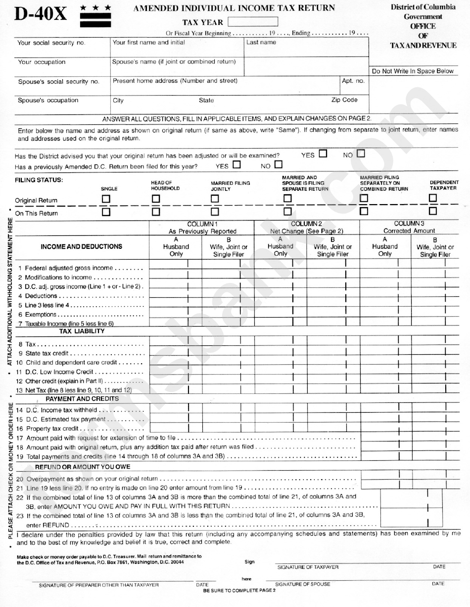 Form D-40x - Amended Individual Income Tax Return