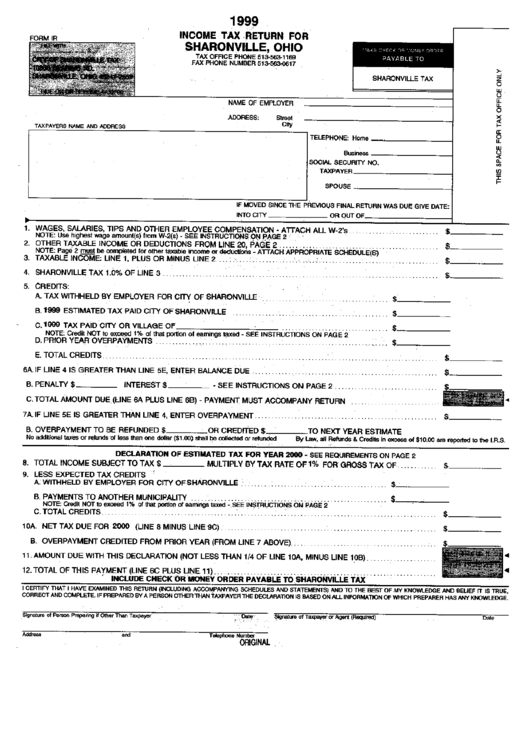 Form Ir Tax Return For Sharonville 1999 printable pdf download