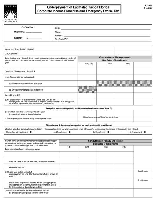 Form F-2220 - Underpayment Of Estimated Tax On Florida Corporate Income/franchise And Emergency Excise Tax - 2001 Printable pdf