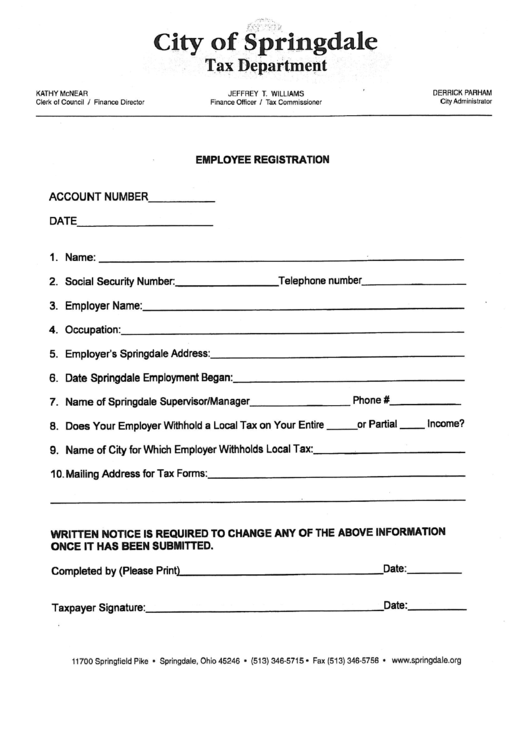 Employee Registration - City Of Springdale Printable pdf
