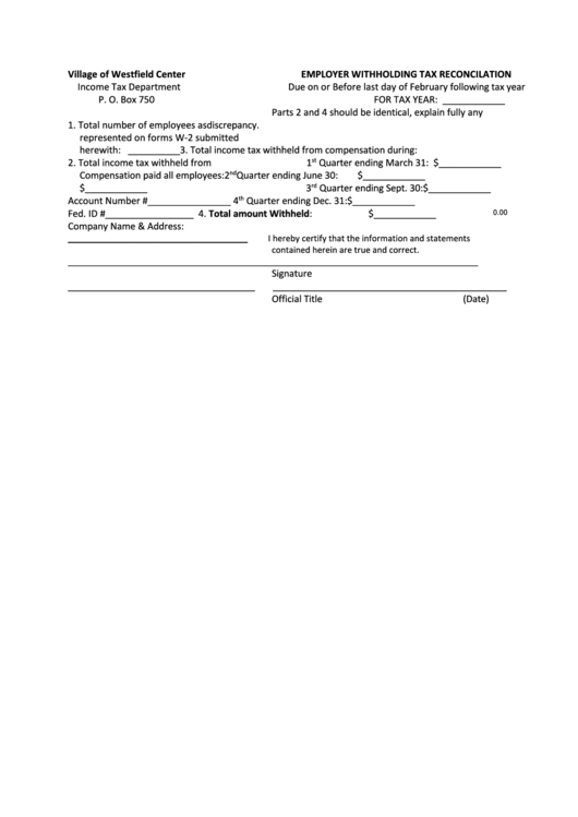 Fillable Employer Withholding Tax Reconcilation Printable pdf