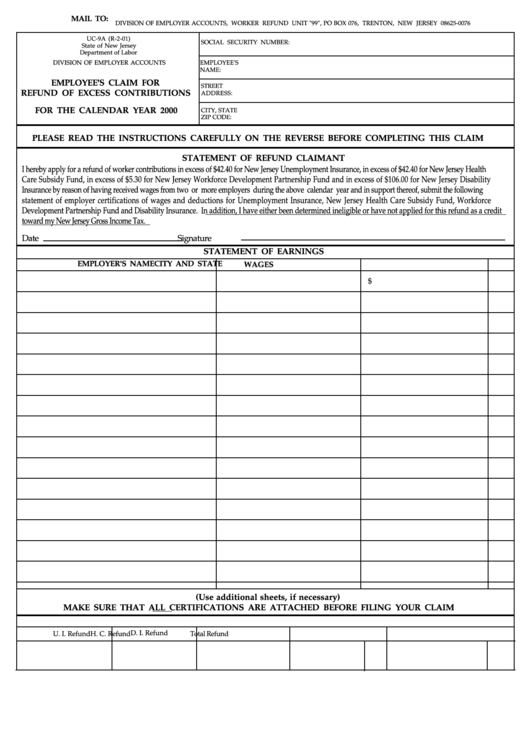 Form Uc-9a - Employee's Claim For Refund Of Excess Contributions For The Calendar Year 2000