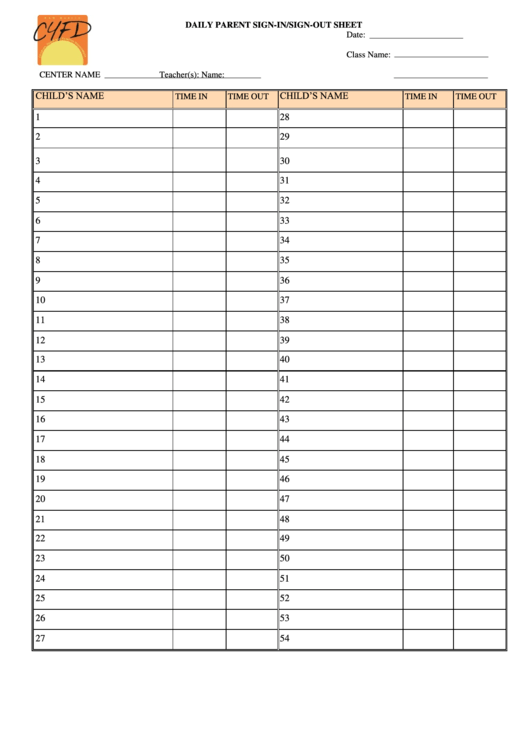 Parent Sign-In/sign-Out Sheet Template Printable pdf