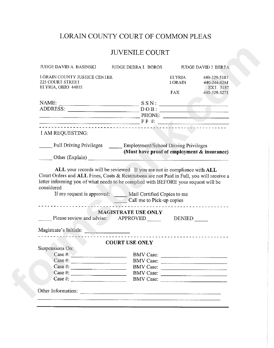 Requesting Form - Lorain Country Court Of Common Pleas