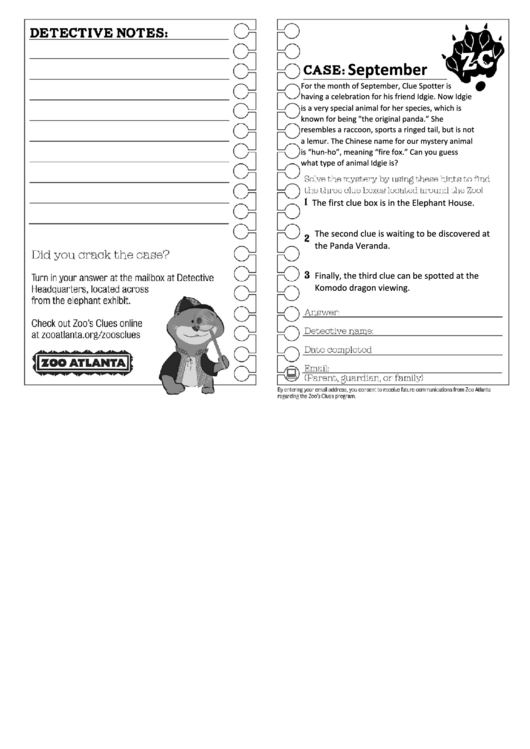 September Clue Sheet Printable pdf