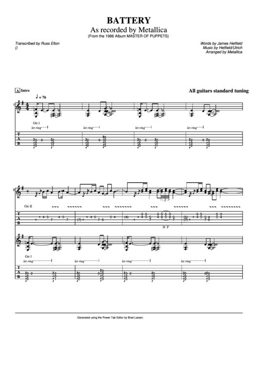 Metallica - Battery Sheet Music Printable pdf