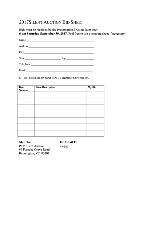 Silent Auction Bid Sheet Printable pdf