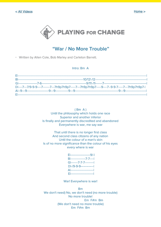 Bob Marley - War / No More Trouble Sheet Music Printable pdf