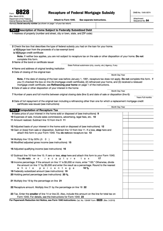 Fillable Form 8828 - Recapture Of Federal Mortgage Subsidy Printable pdf