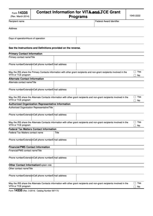 Fillable Form 14335 - Primary Contact Information For Vita/tce Grant Programs Printable pdf