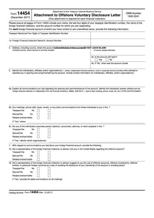 Fillable Form 14454 - Attachment To Offshore Voluntary Disclosure Letter Printable pdf