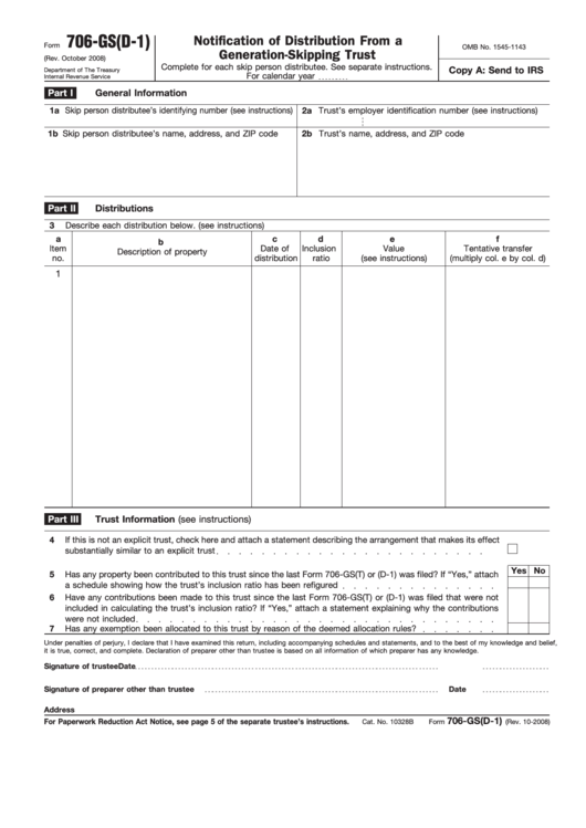Fillable Form 706-Gs(D-1) - Notification Of Distribution From A Generation-Skipping Trust Printable pdf