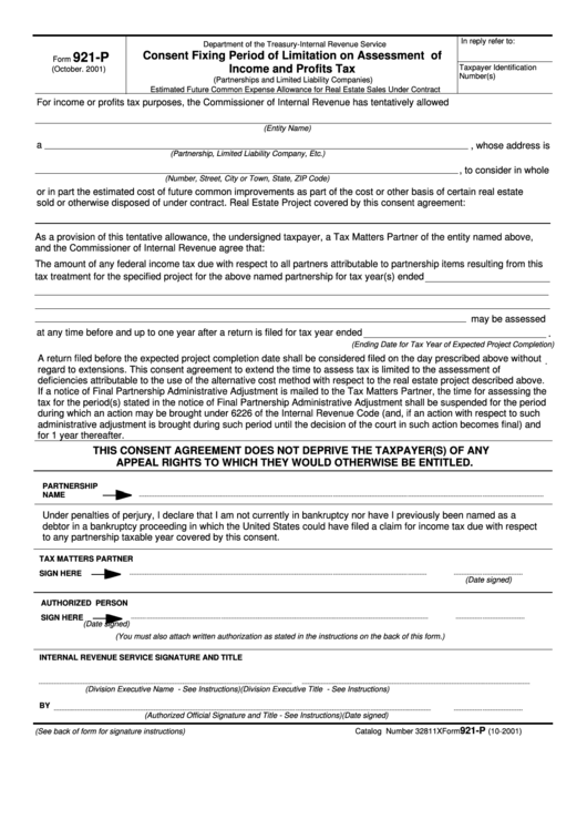 Fillable Form 921-P - Consent Fixing Period Of Limitation On Assessment Of Income And Profits Tax Printable pdf