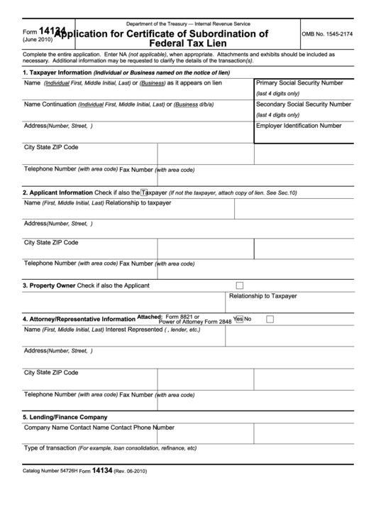 Fillable Form 14134 - Application For Certificate Of Subordination Of Federal Tax Lien Printable pdf