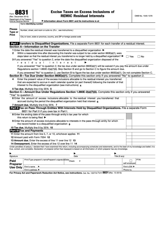 Fillable Form 8831 - Excise Taxes On Excess Inclusions Of Remic Residual Interests Printable pdf