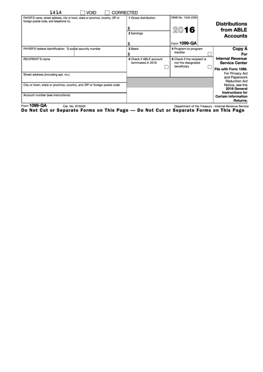 Fillable Form 1099-Qa - Distributions From Able Accounts - 2016 Printable pdf