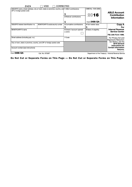 Fillable Form 5498-Qa - Able Account Contribution Information - 2016 Printable pdf