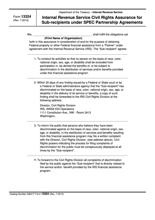Fillable Form 13324 - Internal Revenue Service Civil Rights Assurance For Subrecipients Under Spec Partnership Agreements Printable pdf