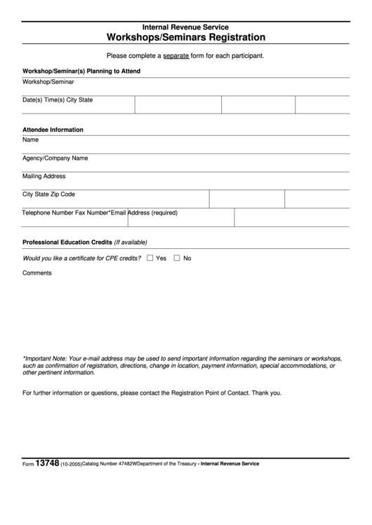 Fillable Form 13748 - Workshops/seminars Registration Printable pdf