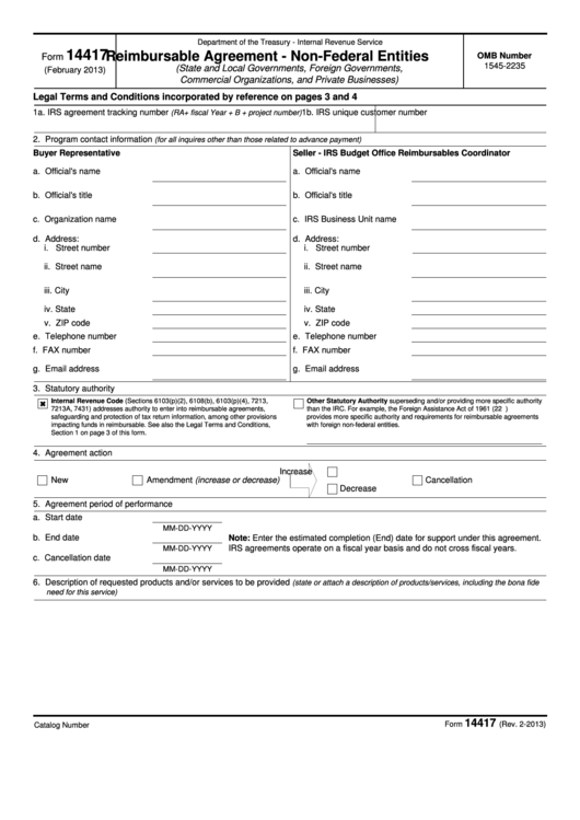 Fillable Form 14417 - Reimbursable Agreement - Non-Federal Entities (State And Local Governments, Foreign Governments, Commercial Organizations, And Private Businesses) Printable pdf