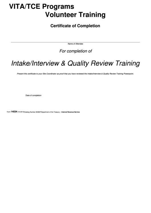 Fillable Form 14534 - Intake/interview And Quality Review Certificate Printable pdf