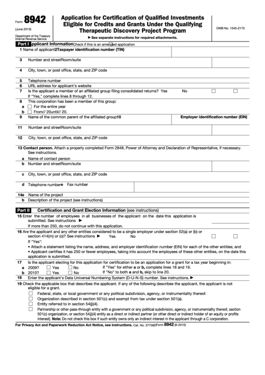 Fillable Form 8942 - Application For Certification Of Qualified Investments Eligible For Credits And Grants Under The Qualifying Therapeutic Discovery Project Program Printable pdf