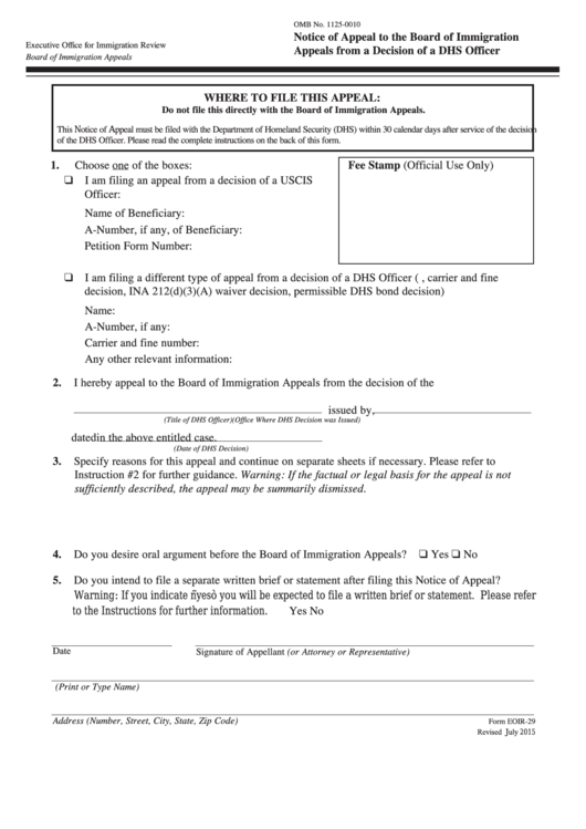 Fillable Form Eoir-29 - Notice Of Appeal To The Board Of Immigration Appeals From A Decision Of A Dhs Officer Printable pdf