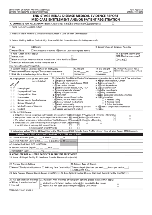 Fillable Form Cms-2728-U3 - Esrd Medical Evidence Report Medicare Entitlement And/or Patient Registration Printable pdf