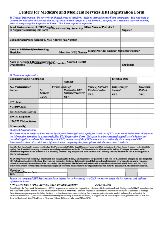 Fillable Centers For Medicare And Medicaid Services Edi Registration Form; And Edi Enrollment Form Printable pdf