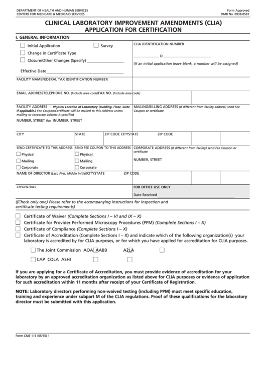 Fillable Form Cms-116 - Clinical Laboratory Improvement Amendments Of 1988 (Clia) Application For Certification Printable pdf