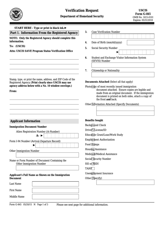 Fillable Form G-845 - Verification Request Printable pdf