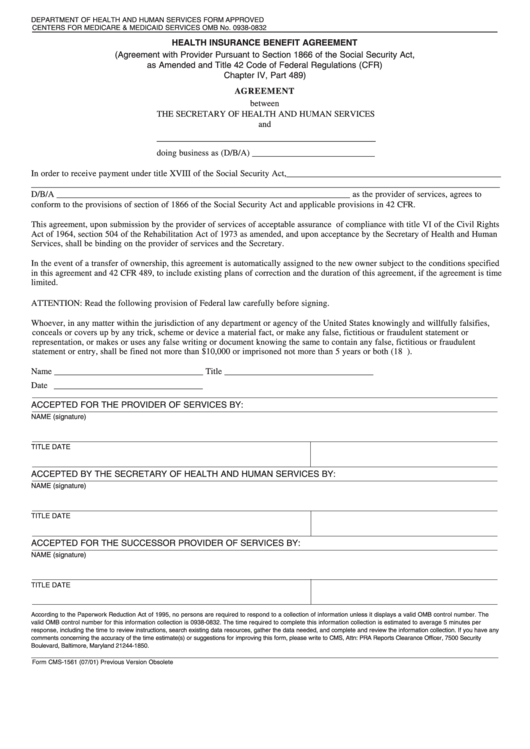 Form Cms-1561 - Health Insurance Benefit Agreement Printable pdf